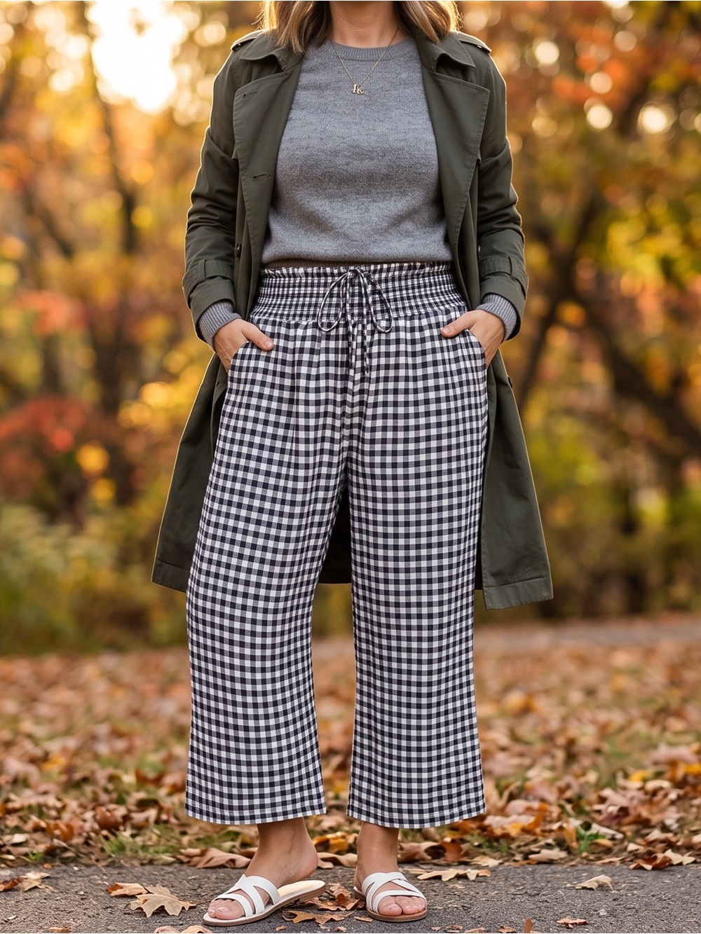 Gingham Palazzo Wide Leg Smocked High Waist Pants w Pockets Plus NWT